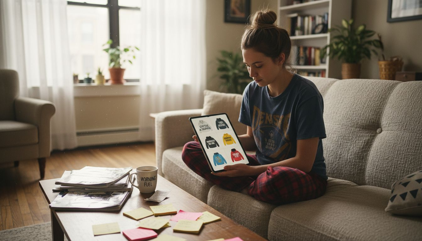Person browsing slogan hoodies at home