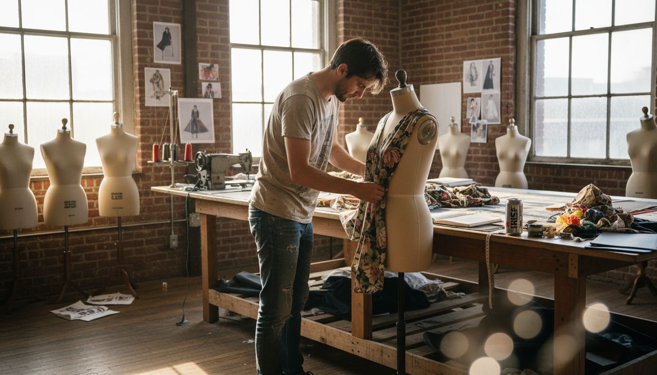 Fashion designer working in sunlit garment studio