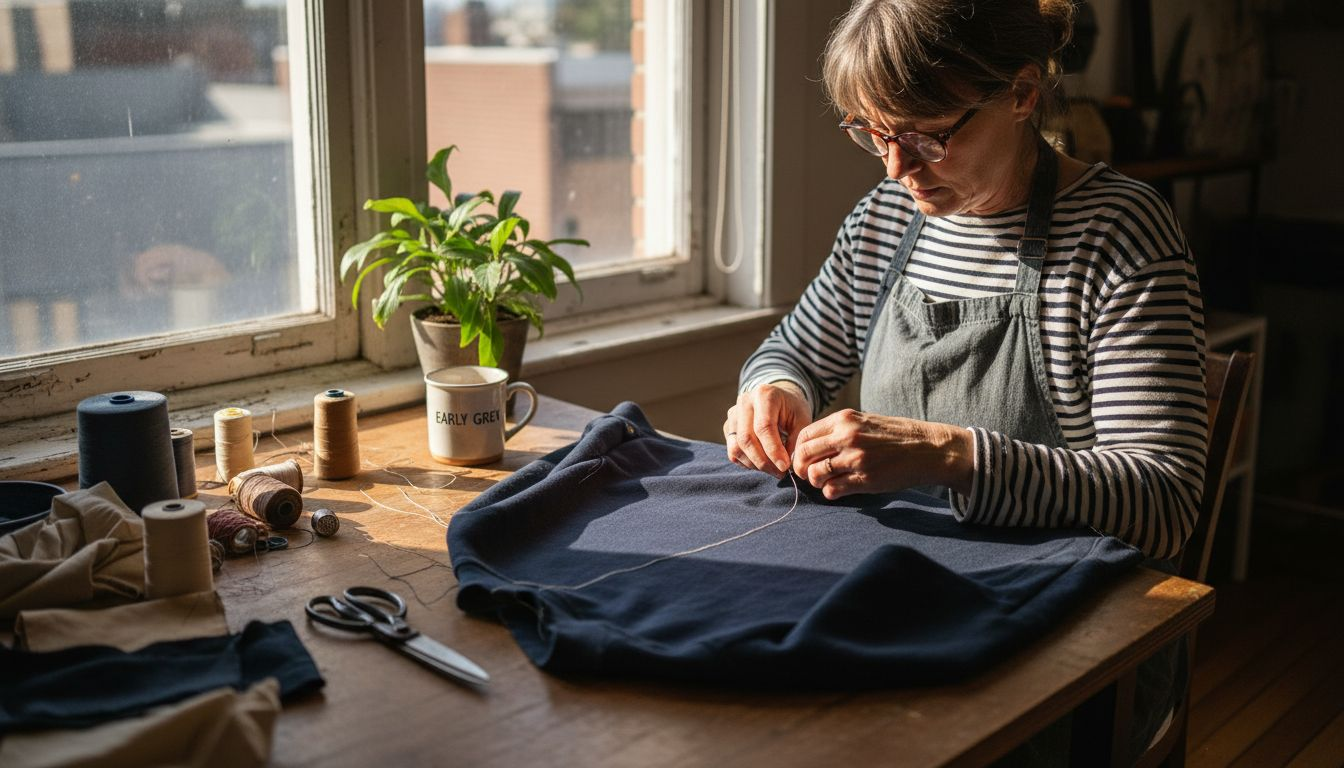 Artisan sewing sweatshirt in urban workshop