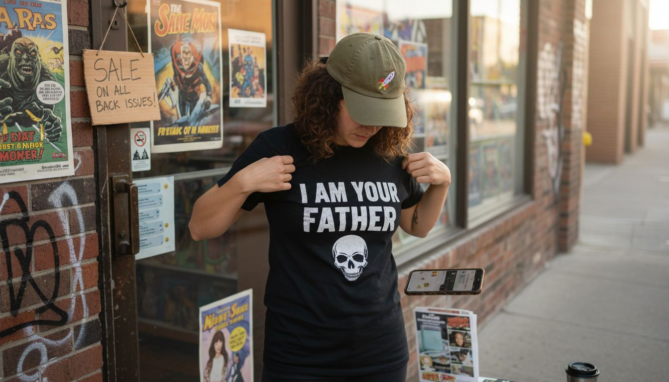 Fan wearing cult movie shirt outdoors