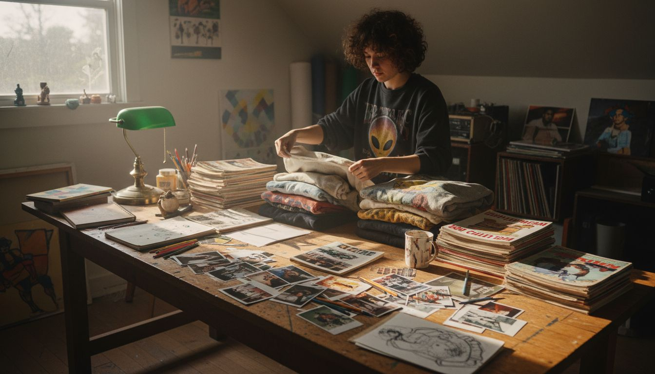 Person designing sweatshirts in retro home studio