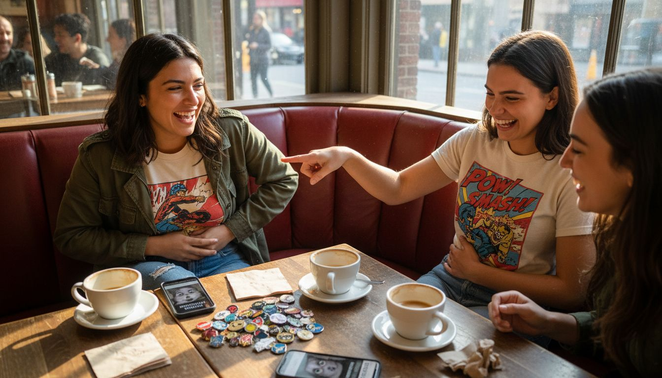Friends discussing pop culture graphic tees in cafe