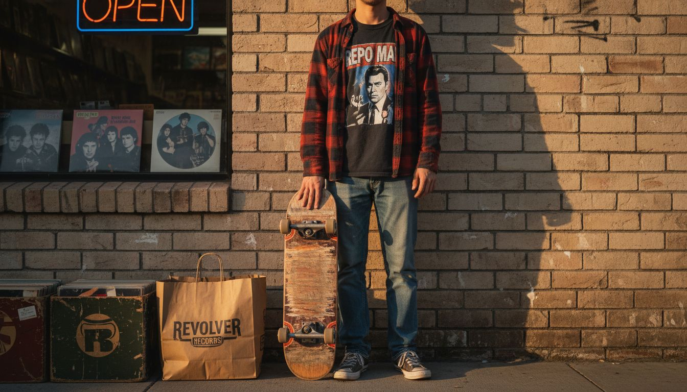 Person in cult classic tee outside retro shop
