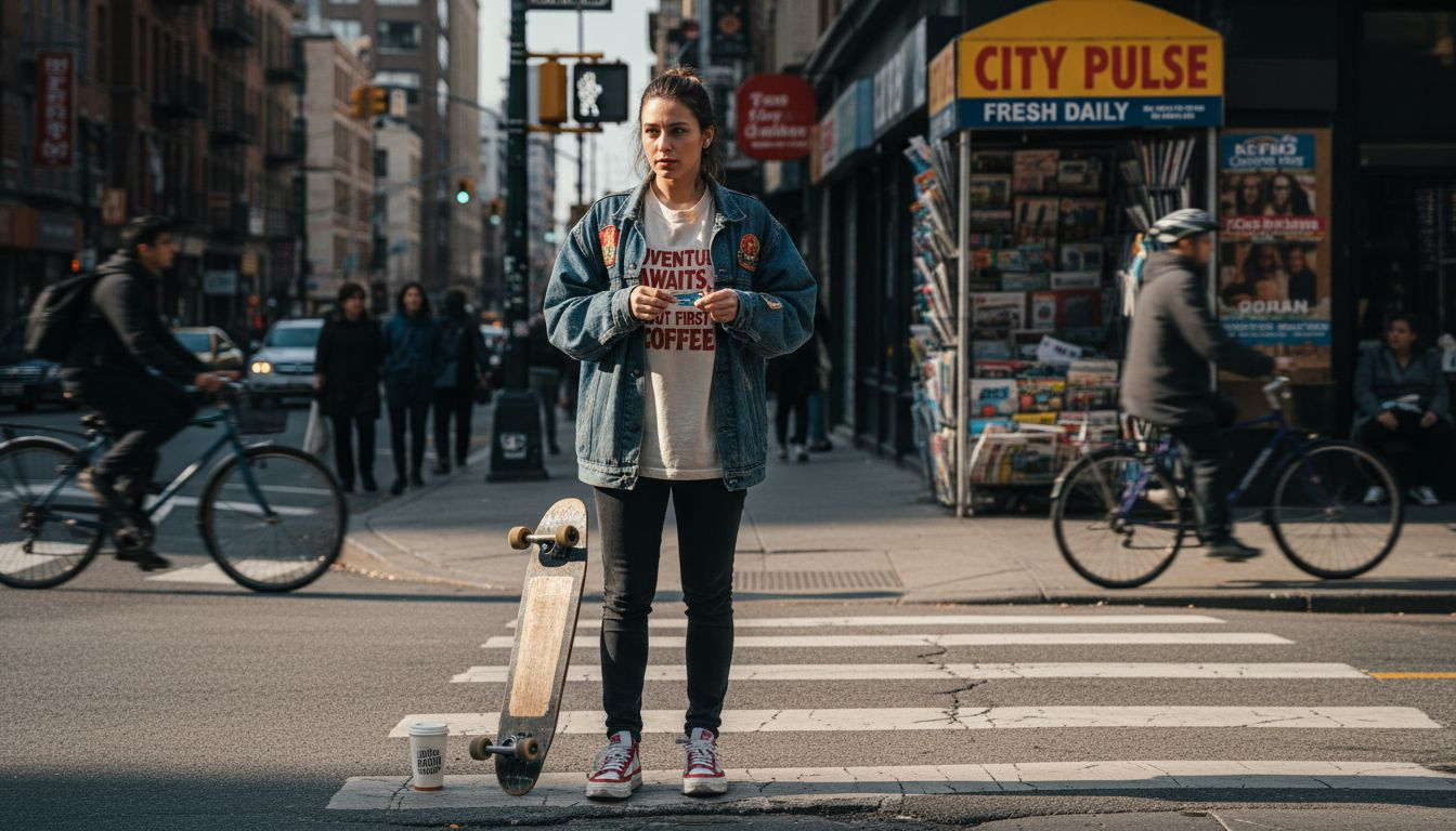 Woman in statement clothing at downtown crosswalk