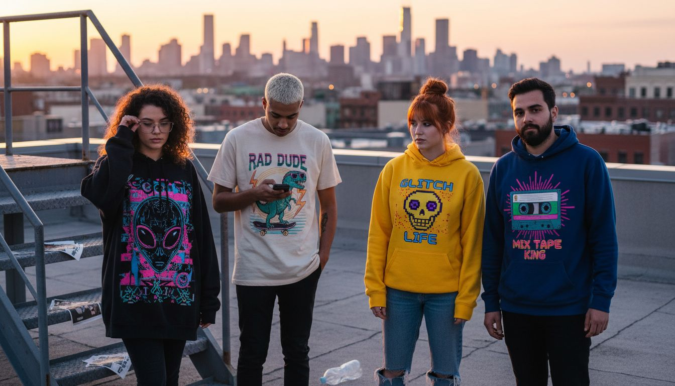Young adults in graphic wear on urban rooftop