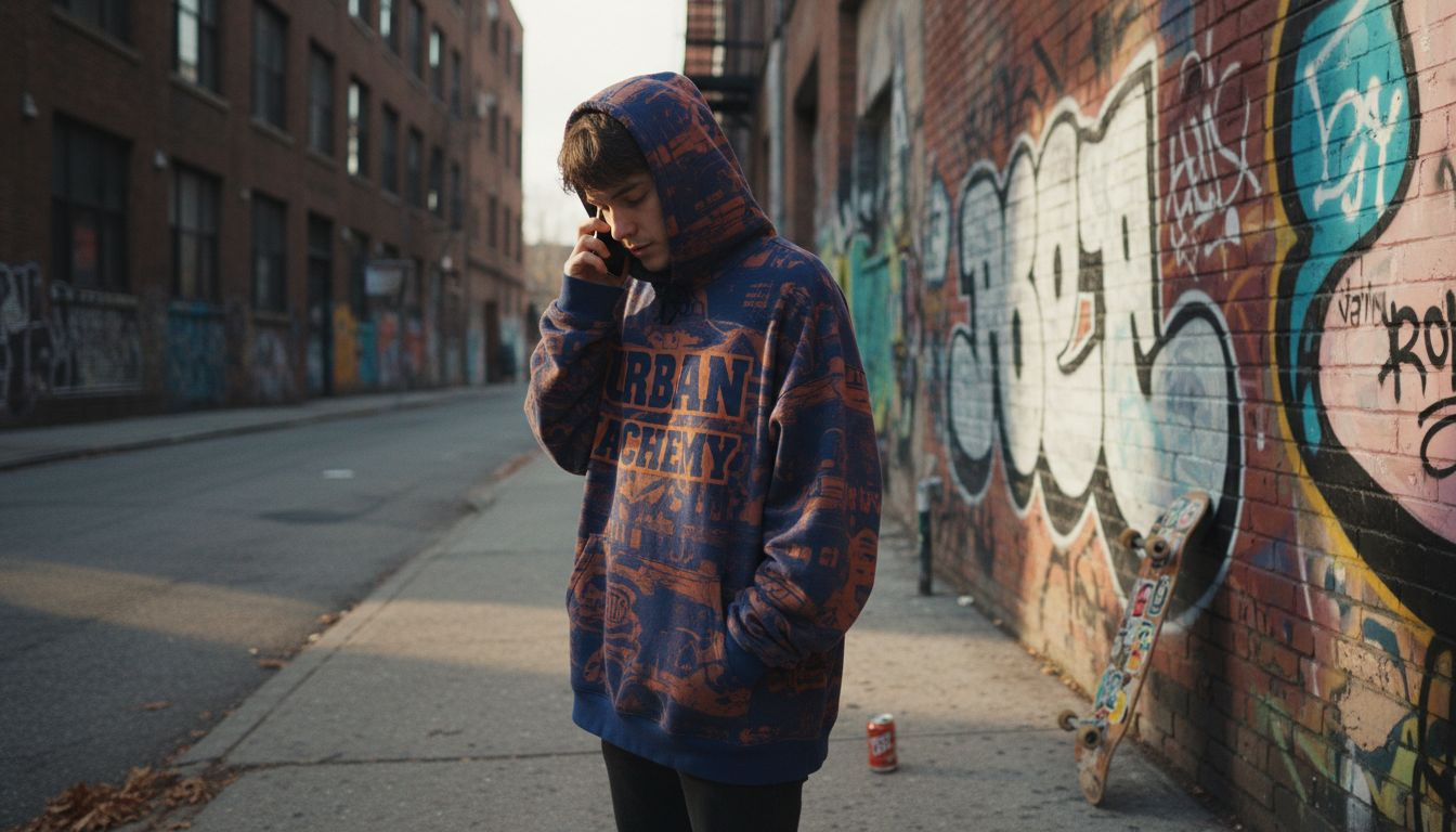 Person talking in custom hoodie on city street