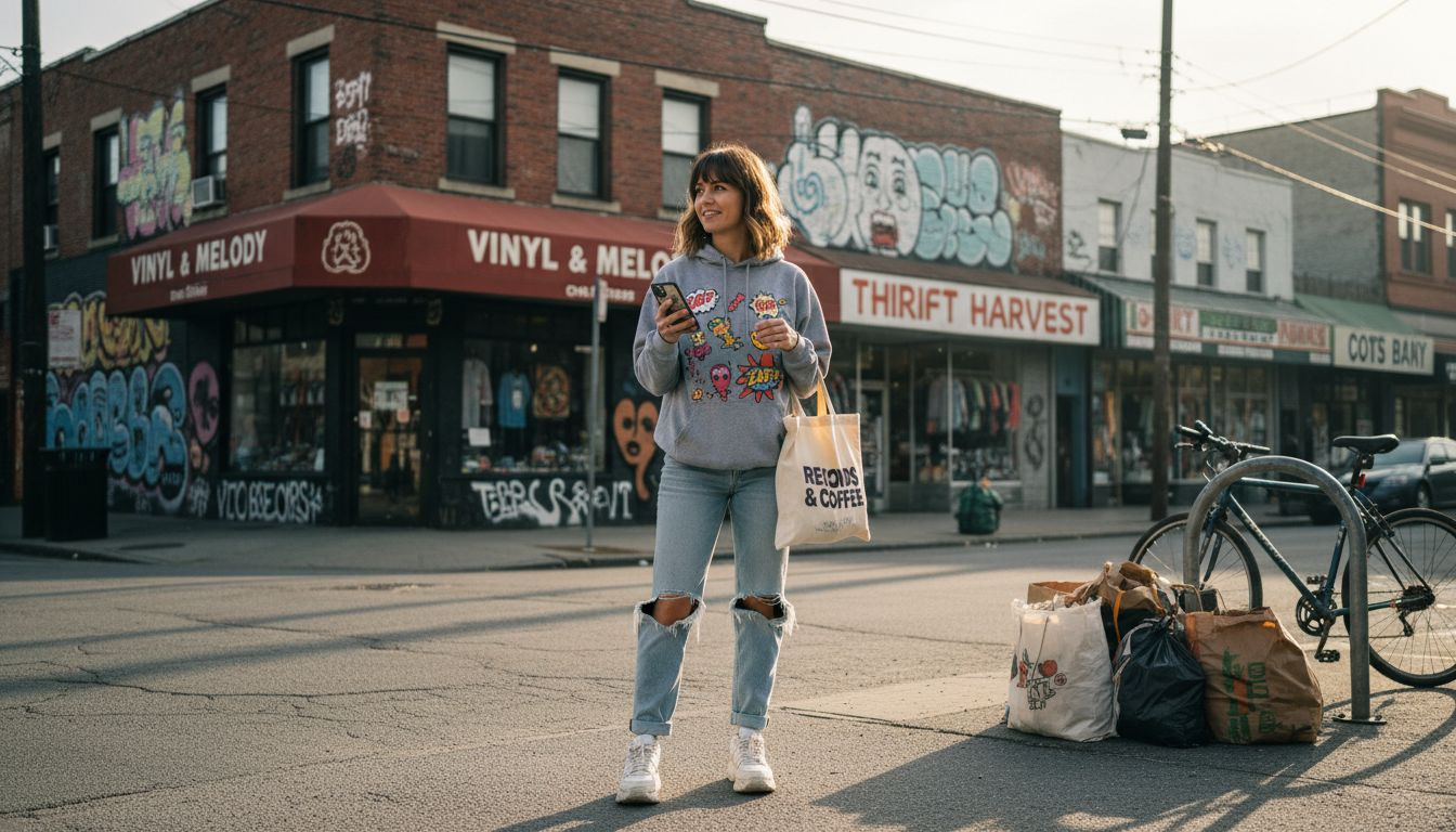 Woman styling retro hoodie on urban street