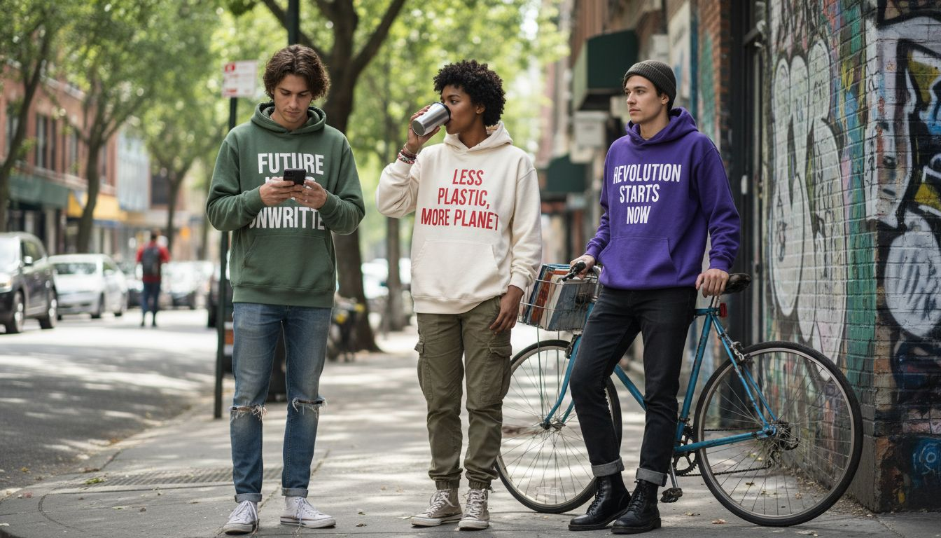 Young adults in streetwear hoodies by graffiti wall