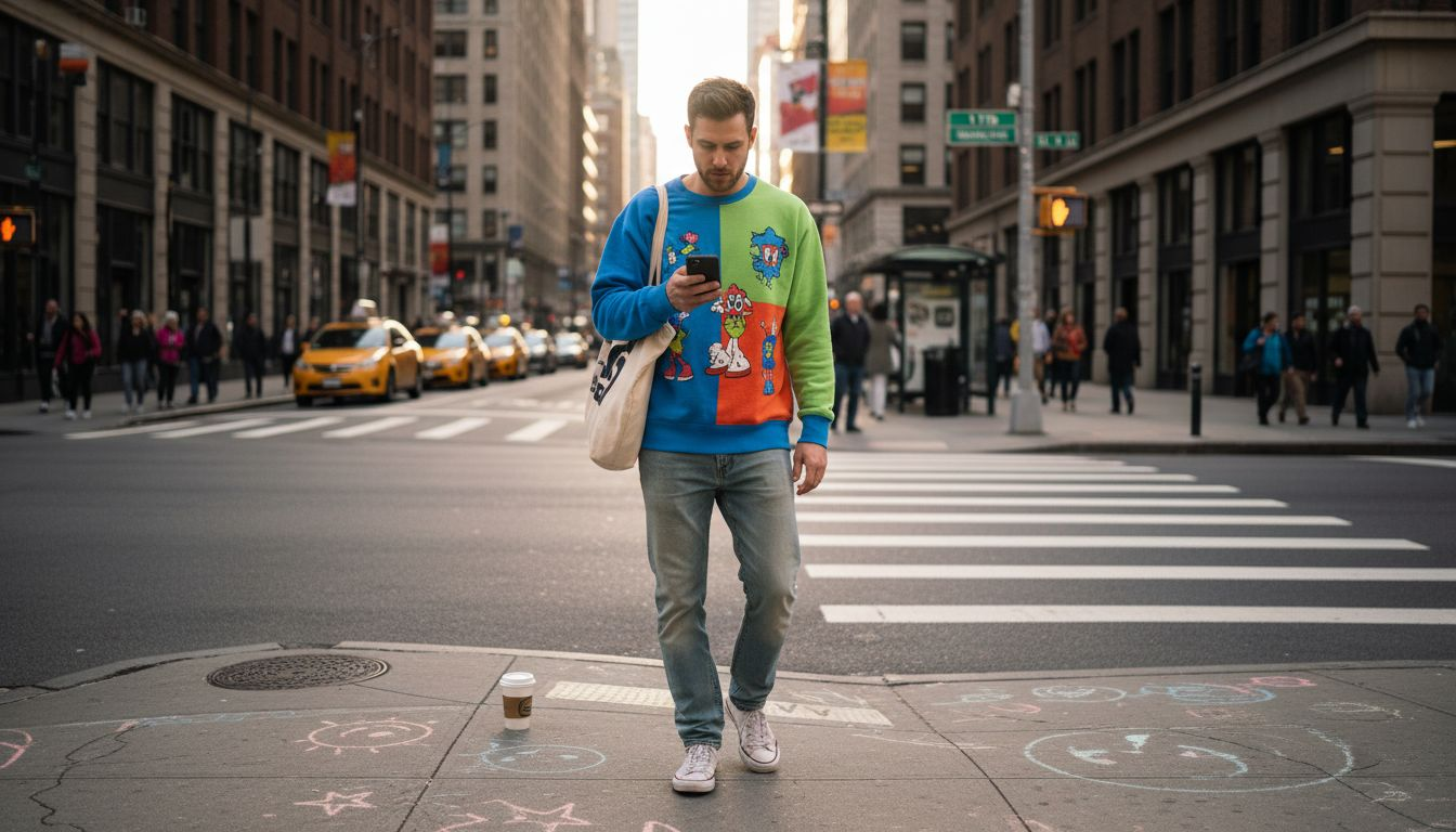 Man in retro graphic sweatshirt on city street