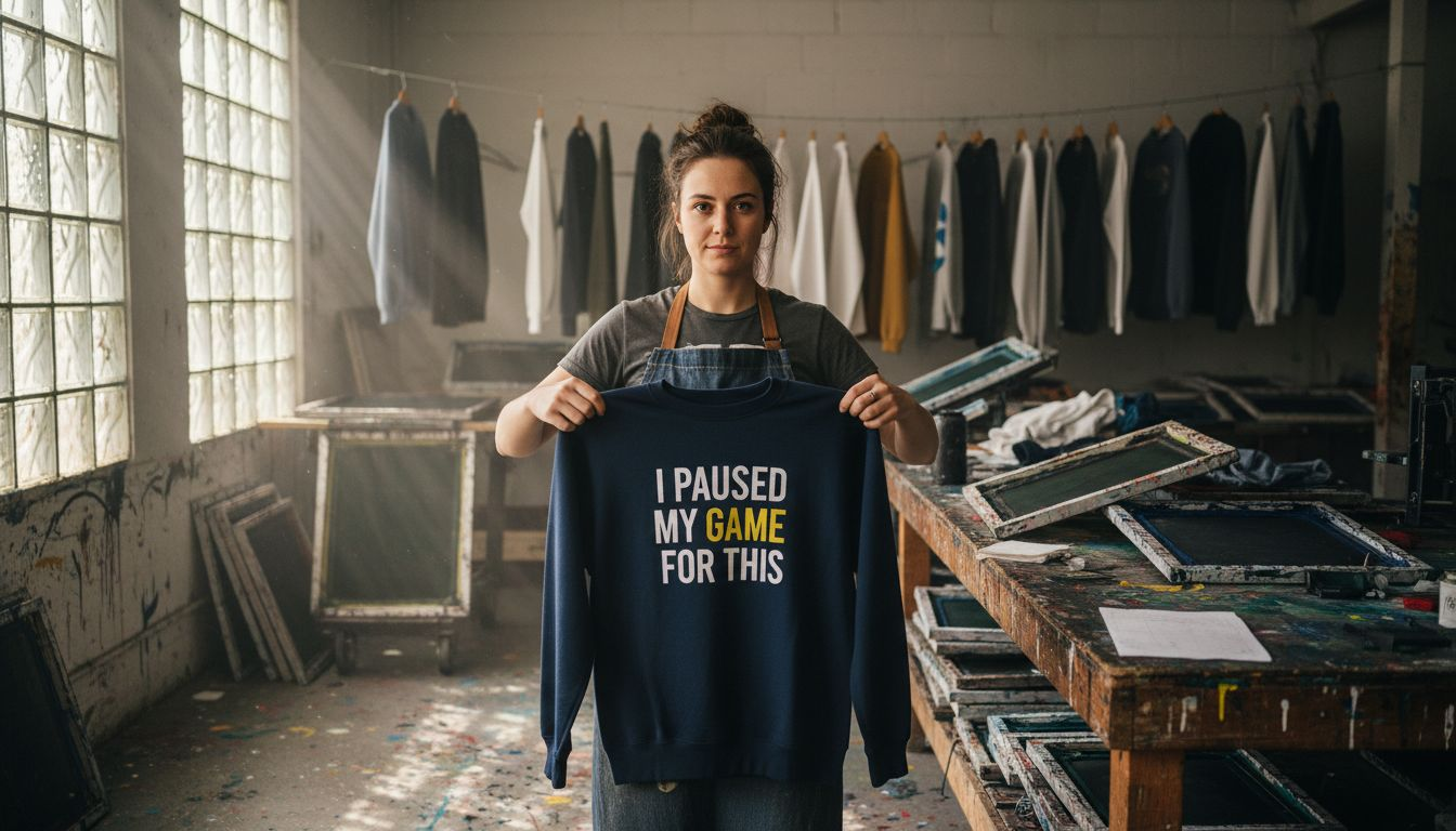 Woman folding funny slogan sweatshirt in studio