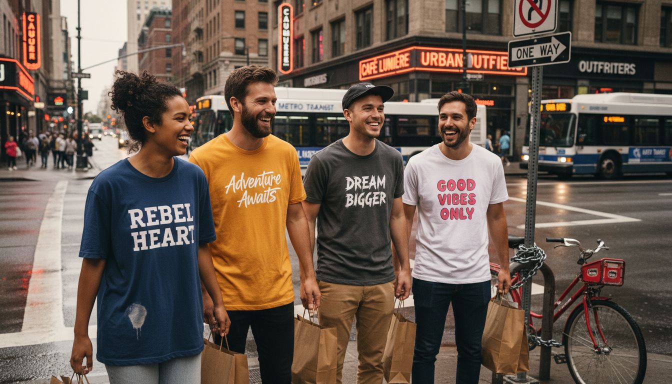 Group wearing slogan shirts at city crosswalk
