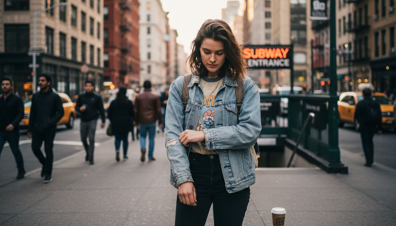 Young woman in vintage outfit on city street