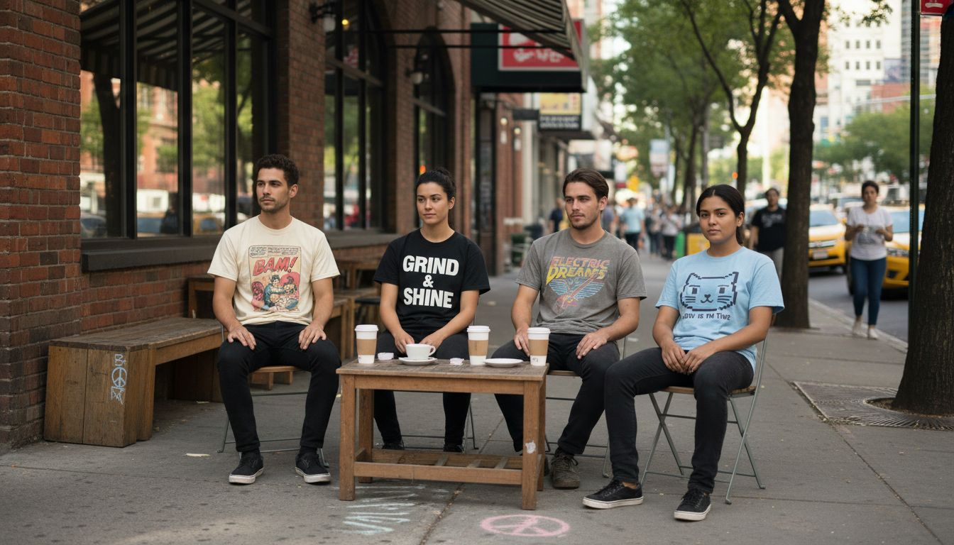 Young adults hanging out wearing bold statement tees