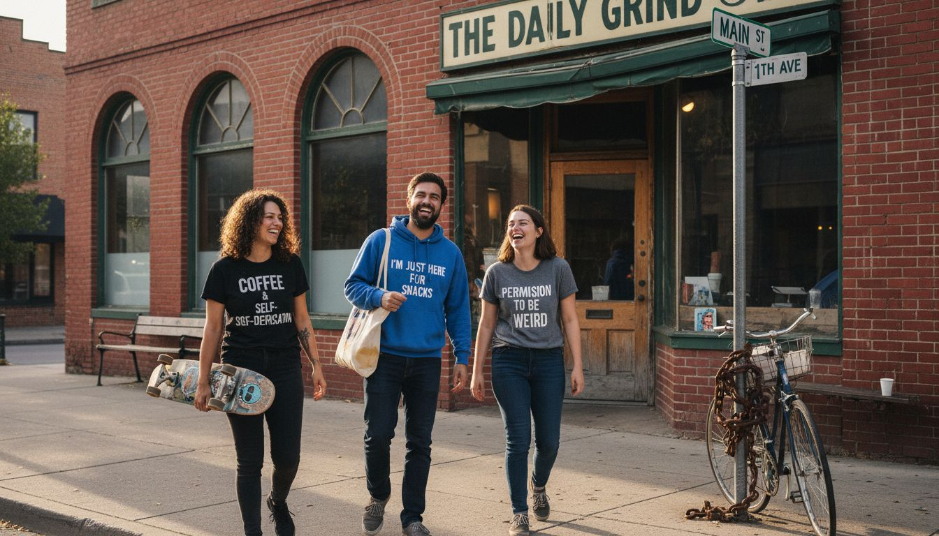 Group wearing witty slogan tees on city sidewalk