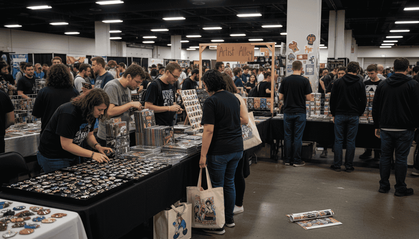 Fans browsing convention tables for merchandise