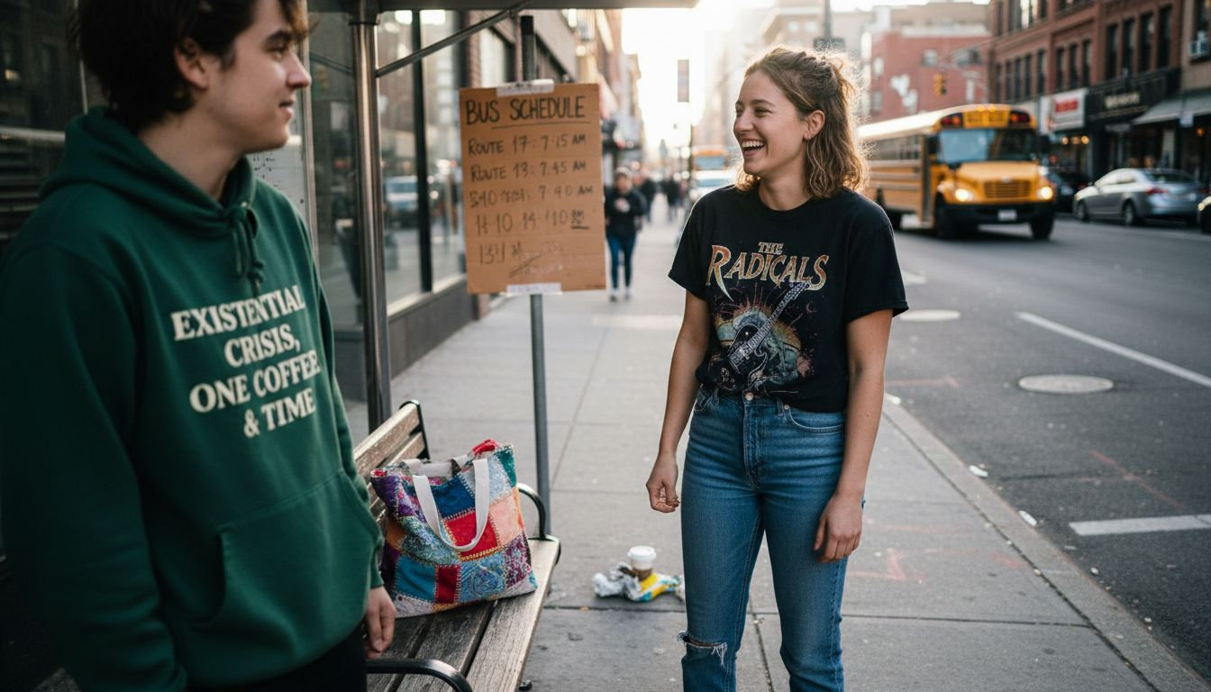 Friends wearing statement clothing at bus stop