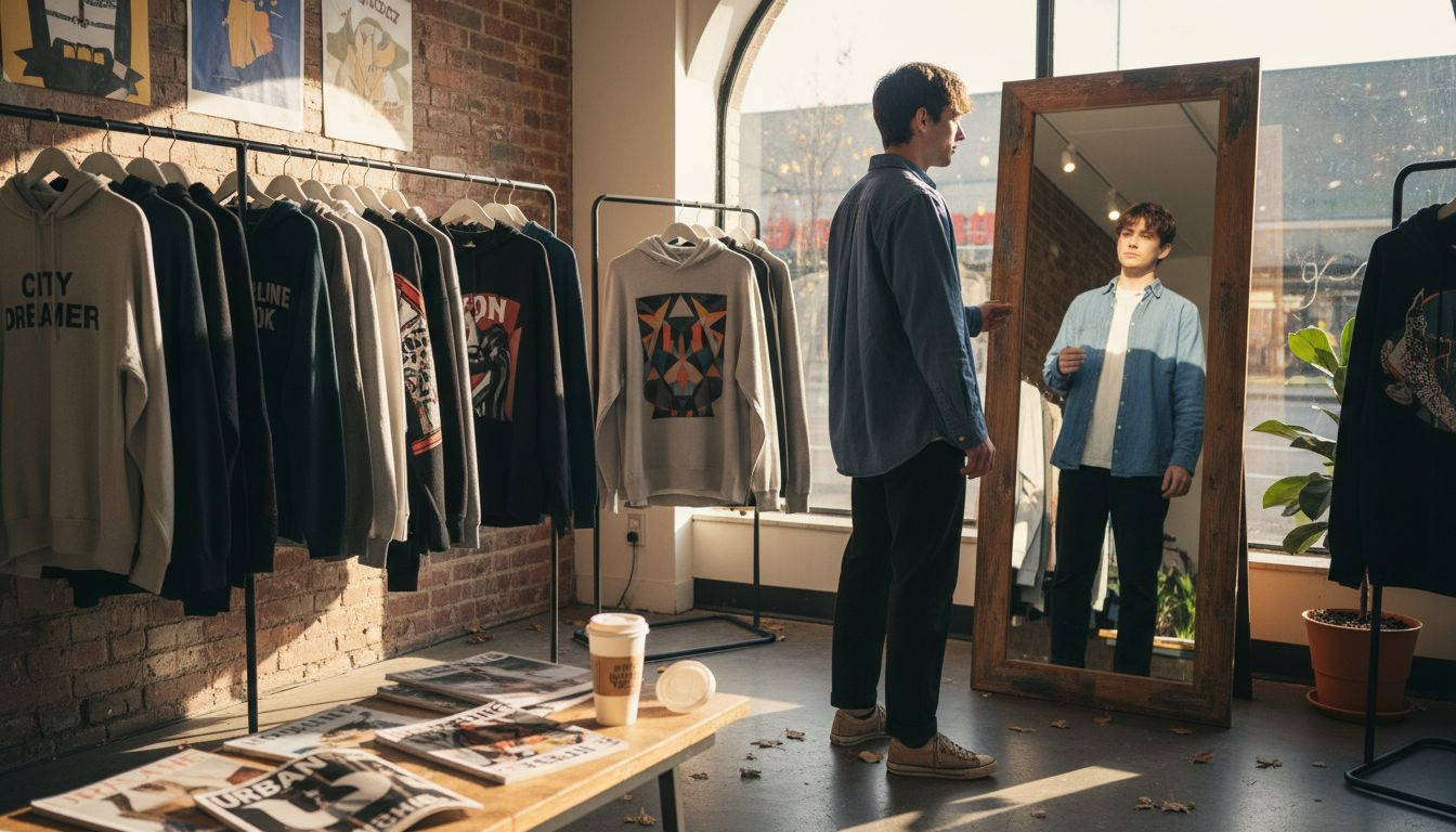 Shopper browsing statement hoodies in urban store