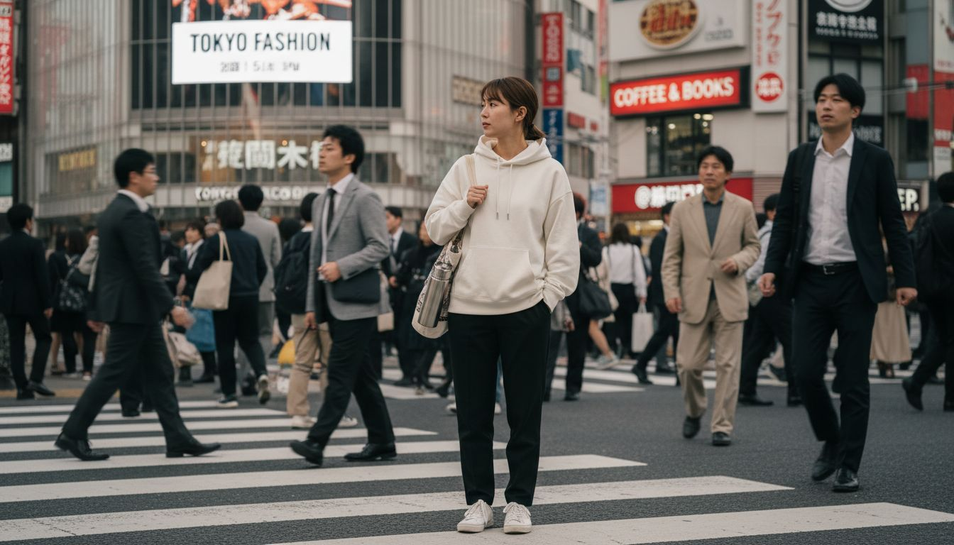 Minimalist streetwear on city crosswalk in 2026