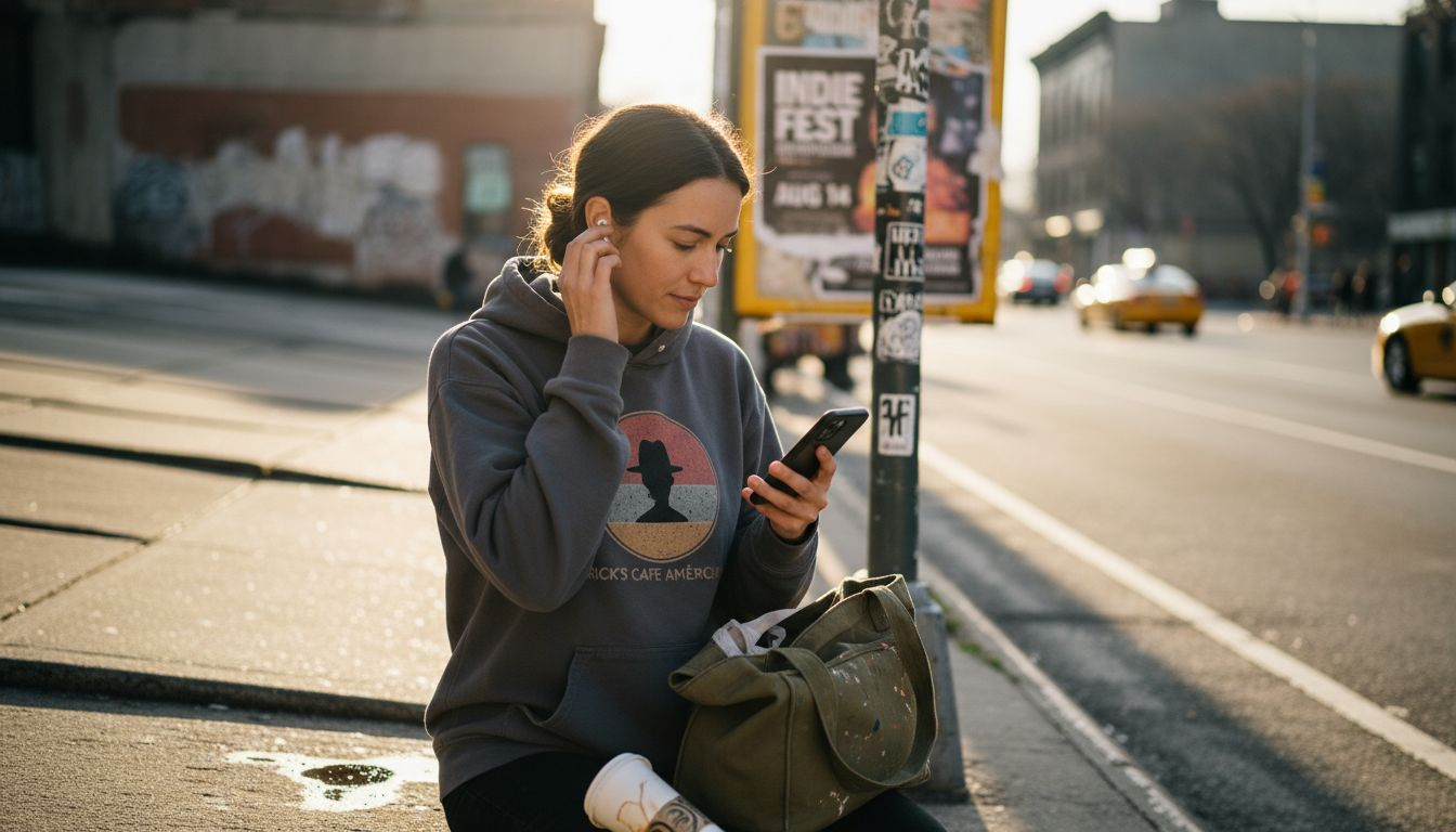 Woman in pop culture hoodie on city sidewalk