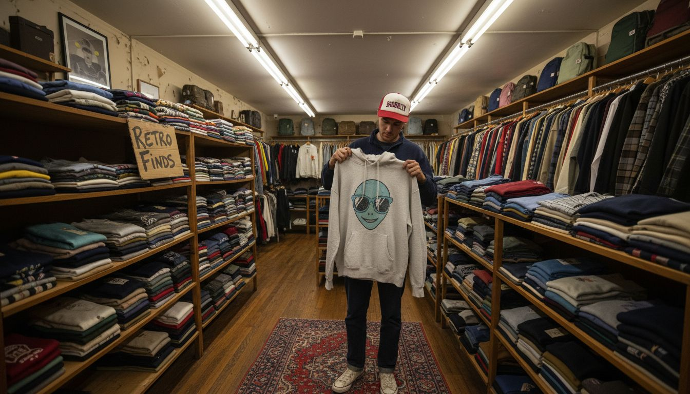 Shopper browsing vintage humor hoodies in store