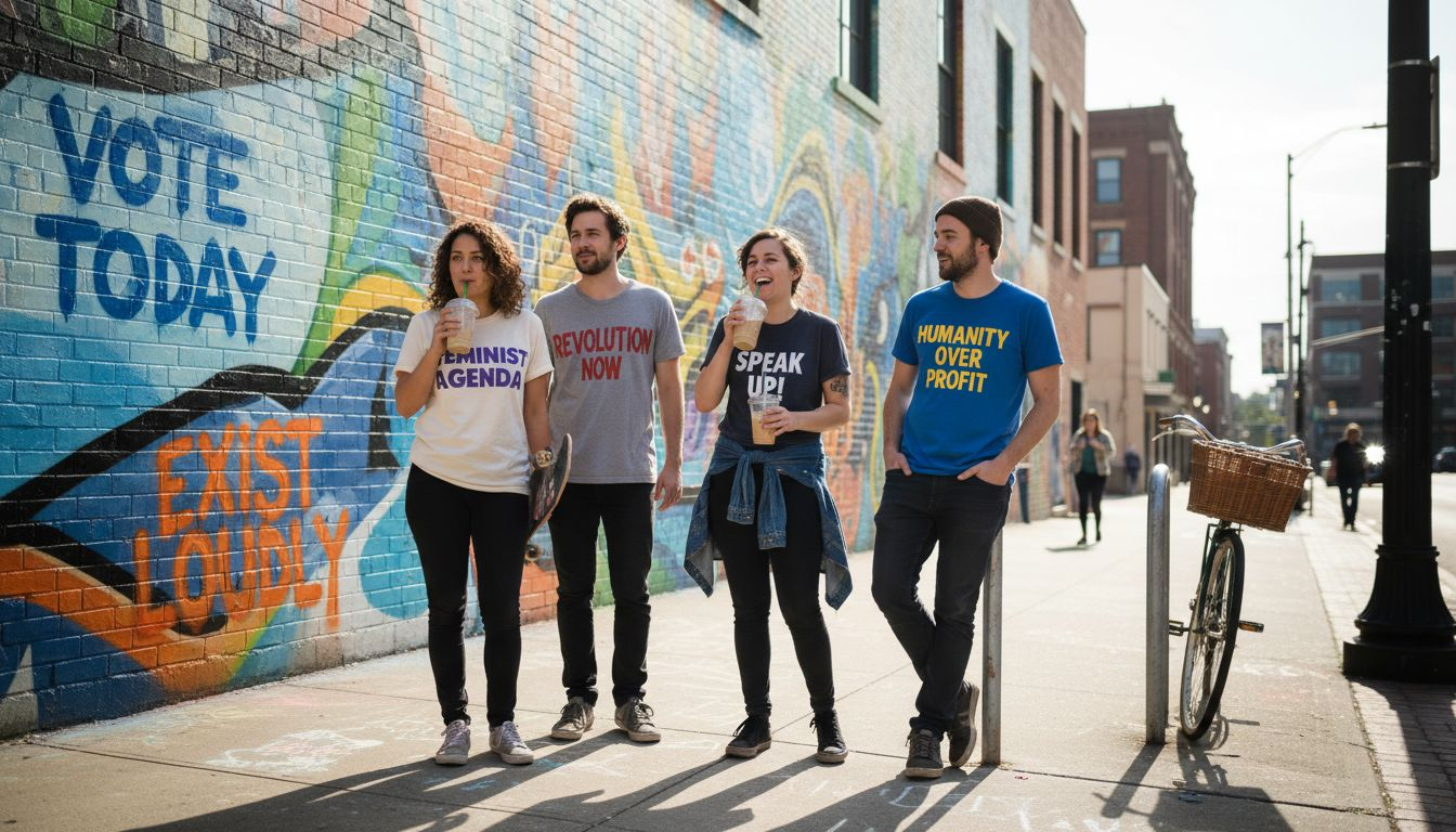 Group of friends in slogan t-shirts outdoors