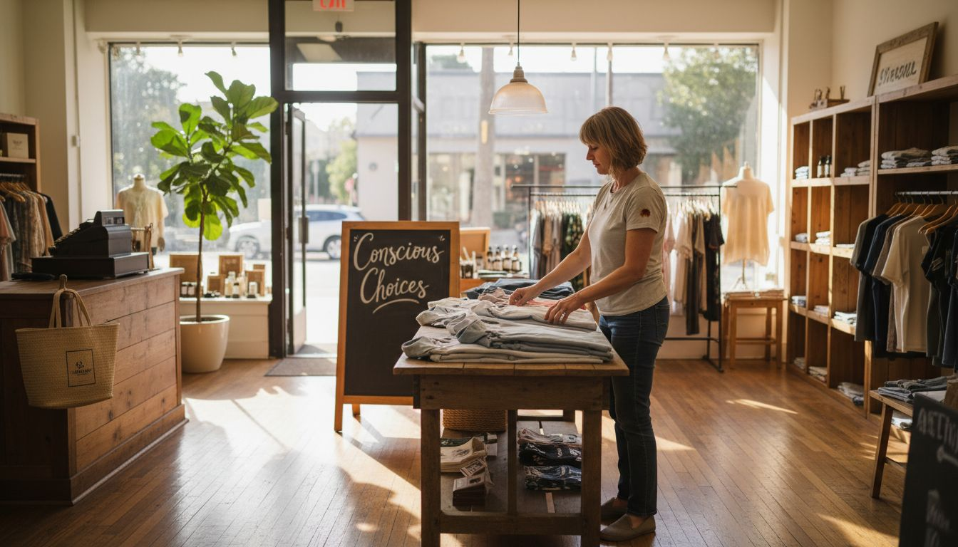 Store manager arranging clothes in sunlit ethical boutique