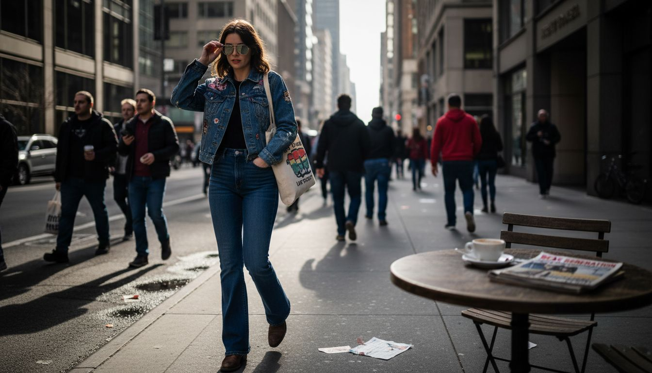Woman in retro outfit on city street