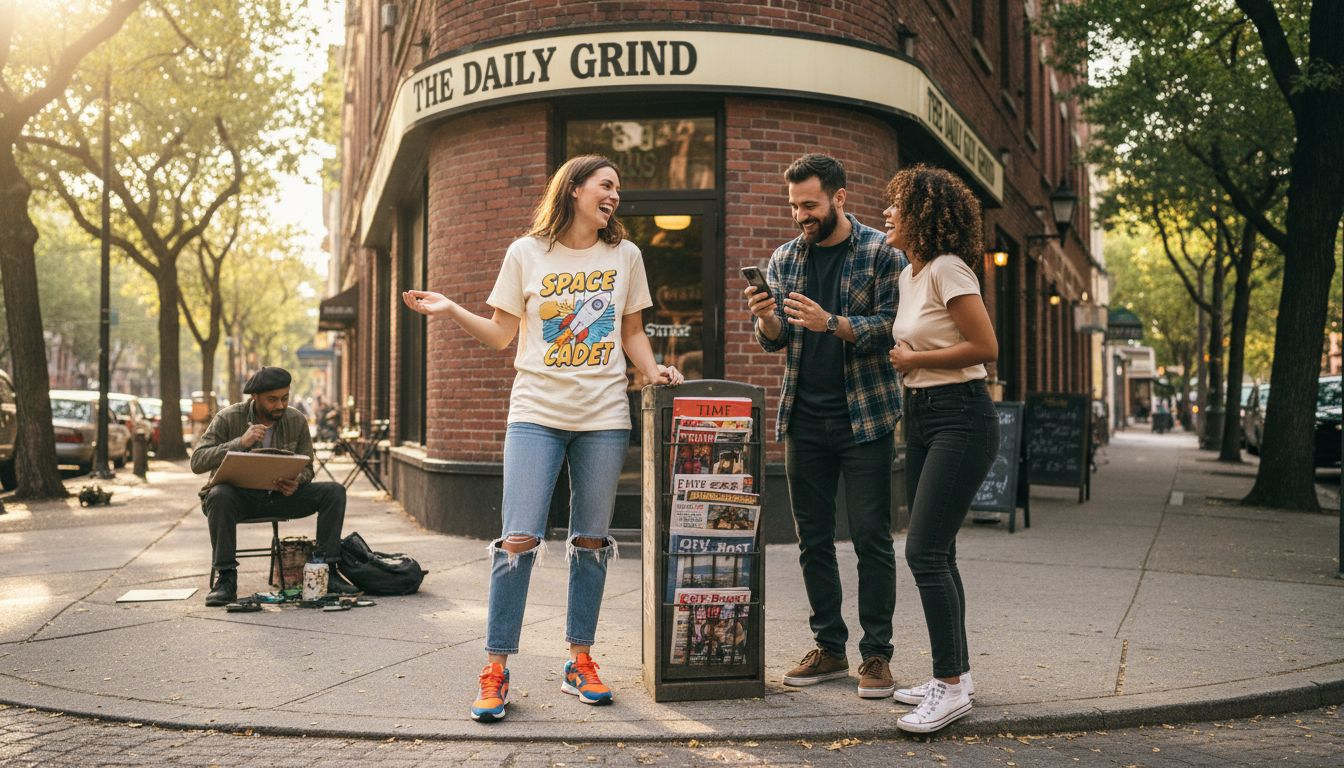 Woman wearing conversational clothing on city street