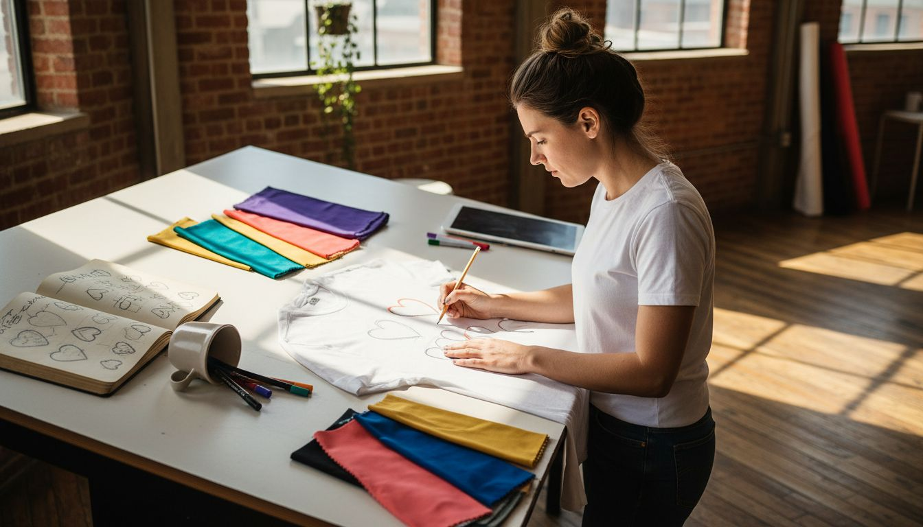 Designer sketching heart motifs on t-shirt