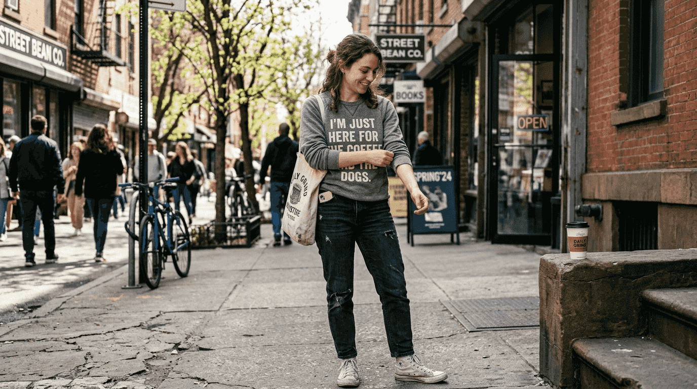 Person in witty sweatshirt on city sidewalk