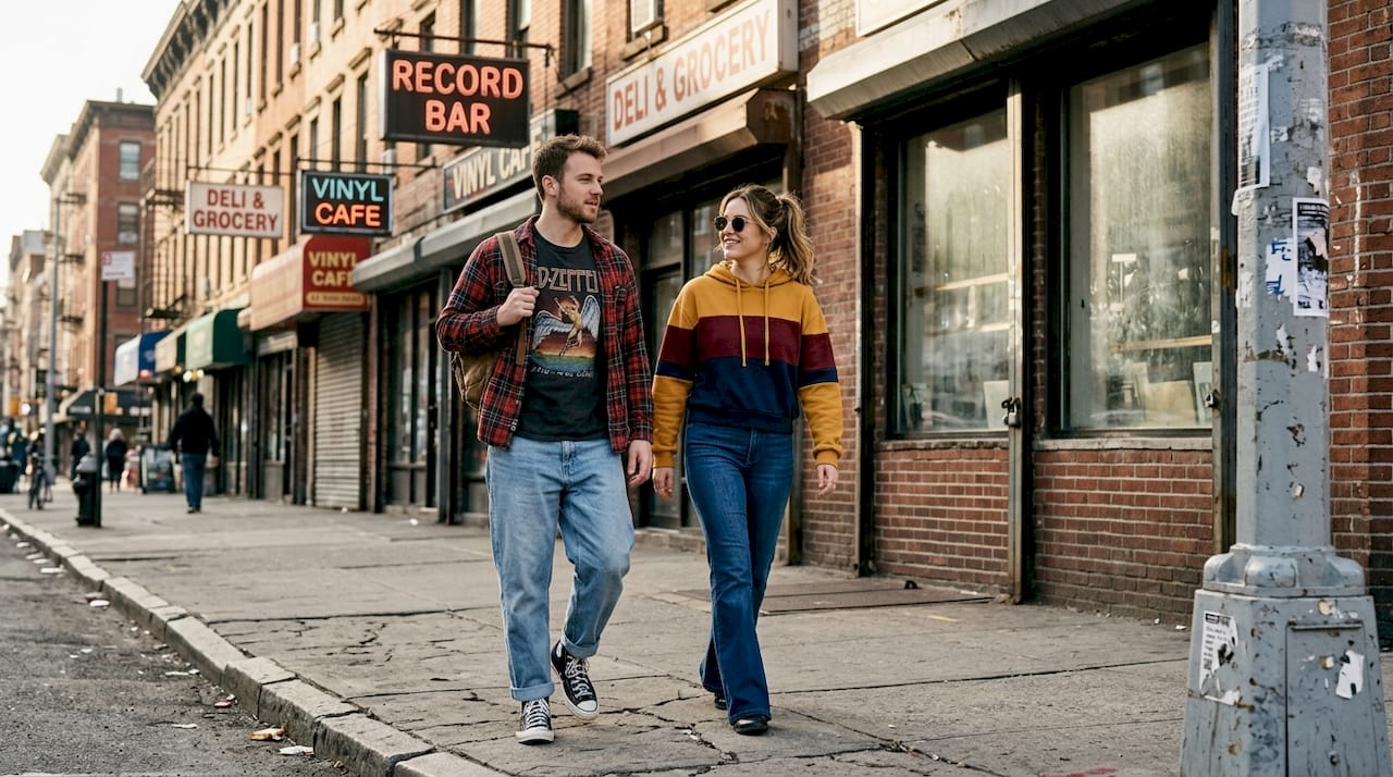 City street with young adults in retro outfits