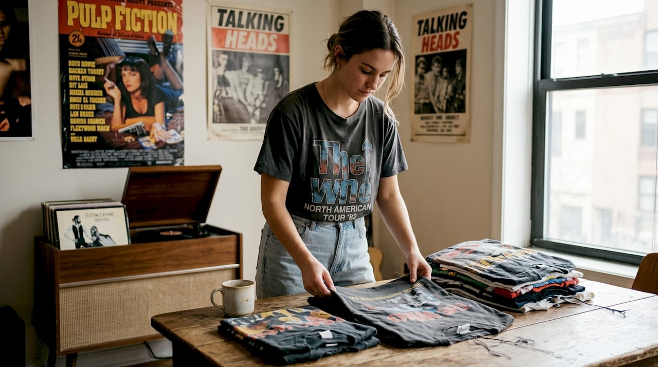 Woman sorting vintage graphic tees table