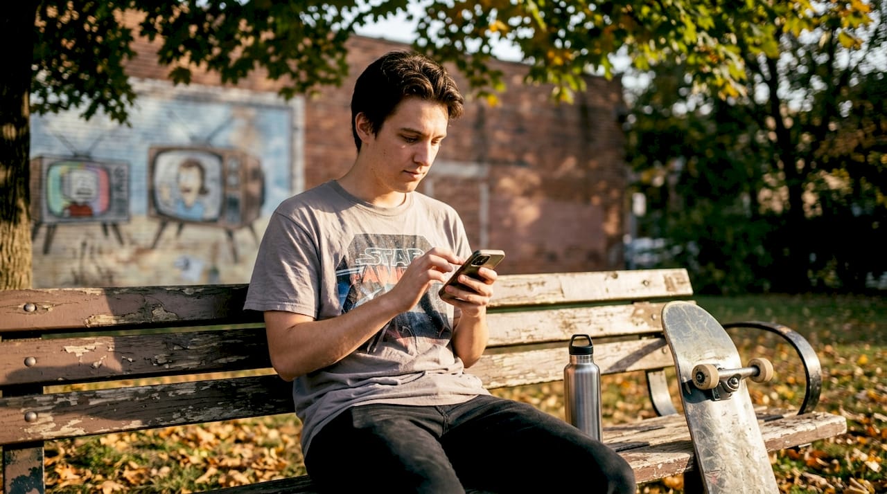 Person wearing pop culture graphic tee outdoors