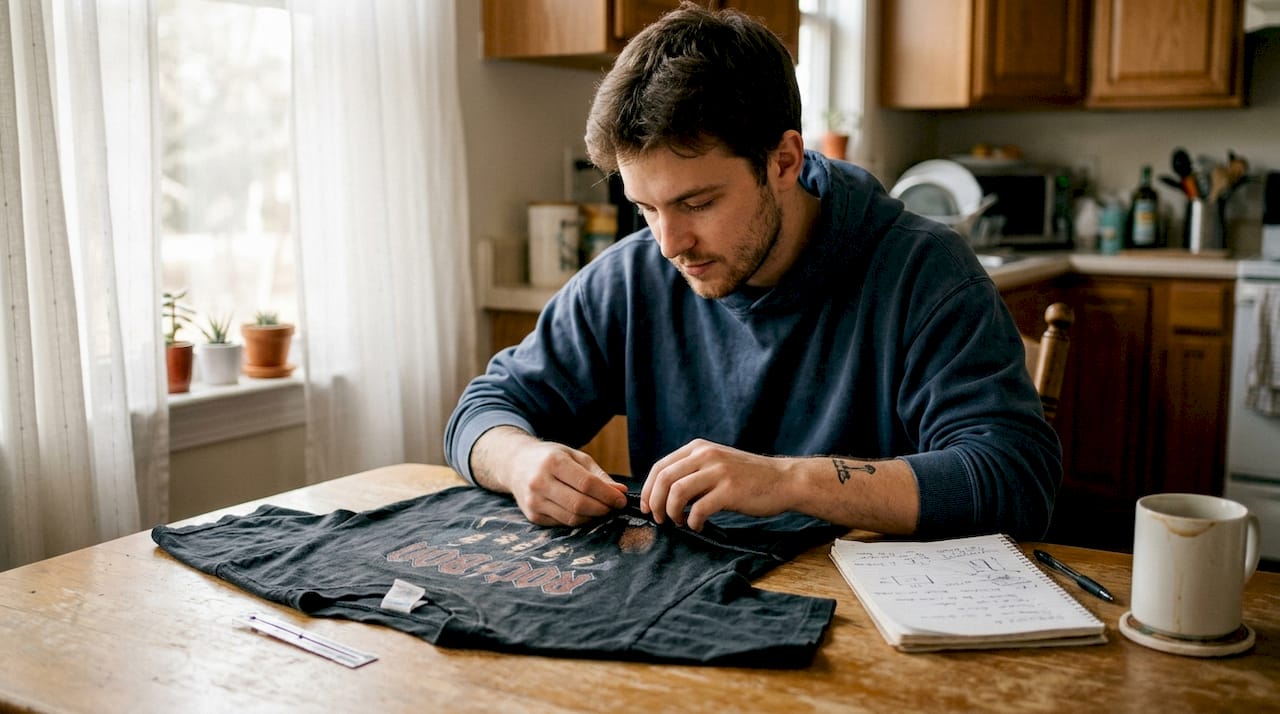 Man inspecting streetwear tee fabric quality