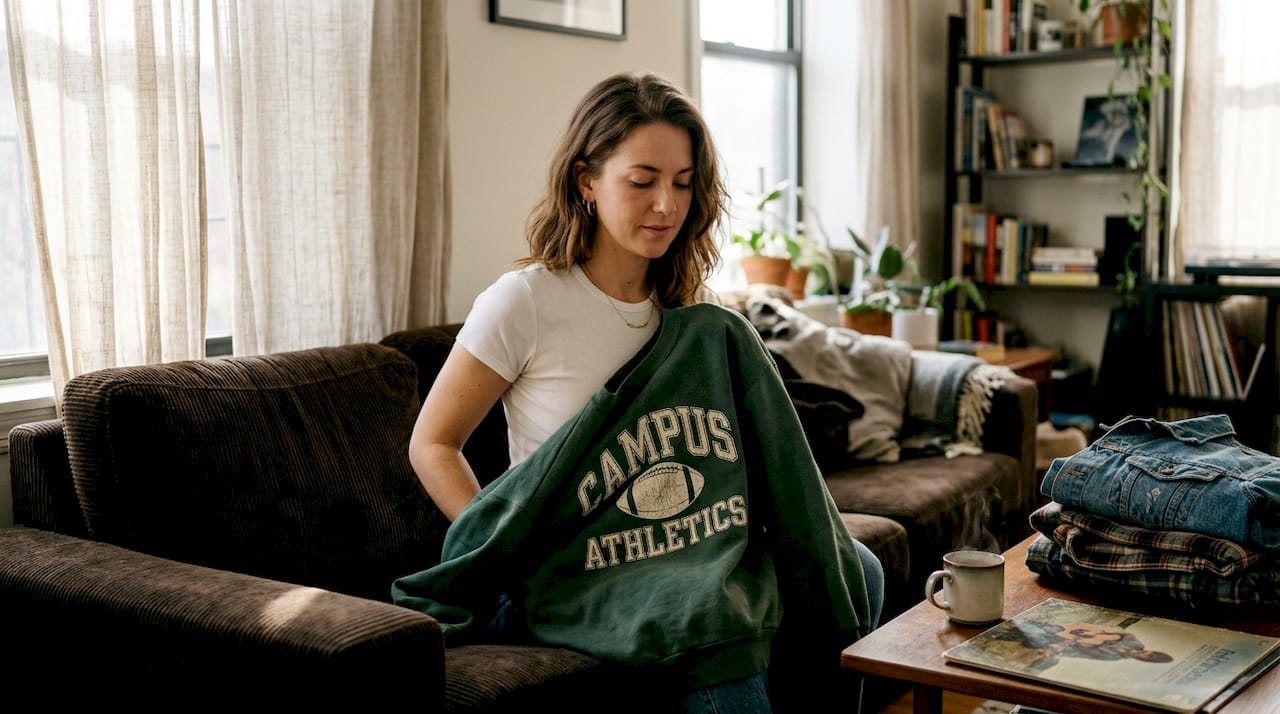 Woman layering graphic sweatshirt on vintage couch
