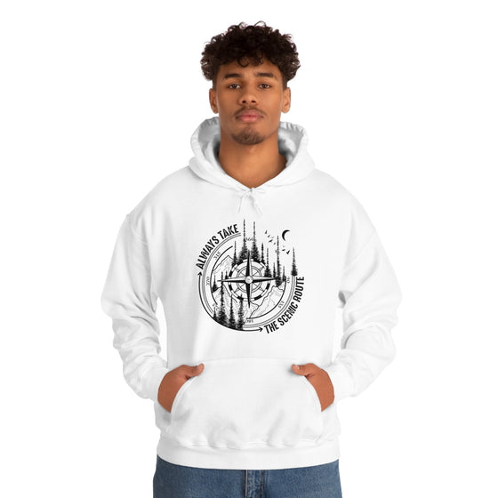 Always Take Scenic Route Compass  Camping Hiking |  Unisex Hooded Hoodie Sweatshirt | Embrace Your Vibe
