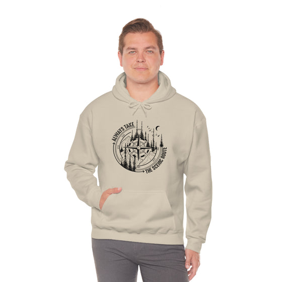 Always Take Scenic Route Compass  Camping Hiking |  Unisex Hooded Hoodie Sweatshirt | Embrace Your Vibe