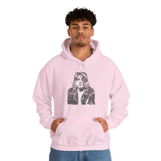 Kurt Cobain | Unisex Hooded Hoodie Sweatshirt | Embrace Your Vibe | Calligram Word Design
