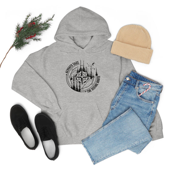 Always Take Scenic Route Compass  Camping Hiking |  Unisex Hooded Hoodie Sweatshirt | Embrace Your Vibe