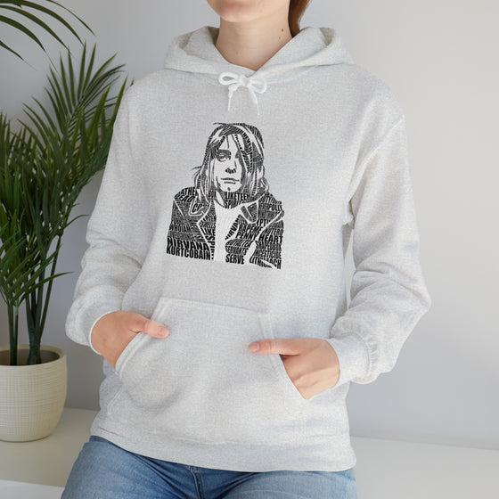 Kurt Cobain | Unisex Hooded Hoodie Sweatshirt | Embrace Your Vibe | Calligram Word Design