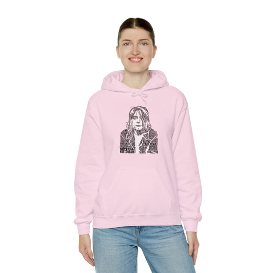 Kurt Cobain | Unisex Hooded Hoodie Sweatshirt | Embrace Your Vibe | Calligram Word Design
