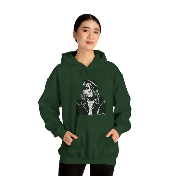 Kurt Cobain | Unisex Hooded Hoodie Sweatshirt | Embrace Your Vibe | Calligram Word Design