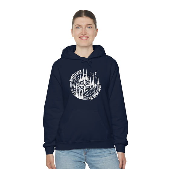 Always Take Scenic Route Compass  Camping Hiking |  Unisex Hooded Hoodie Sweatshirt | Embrace Your Vibe