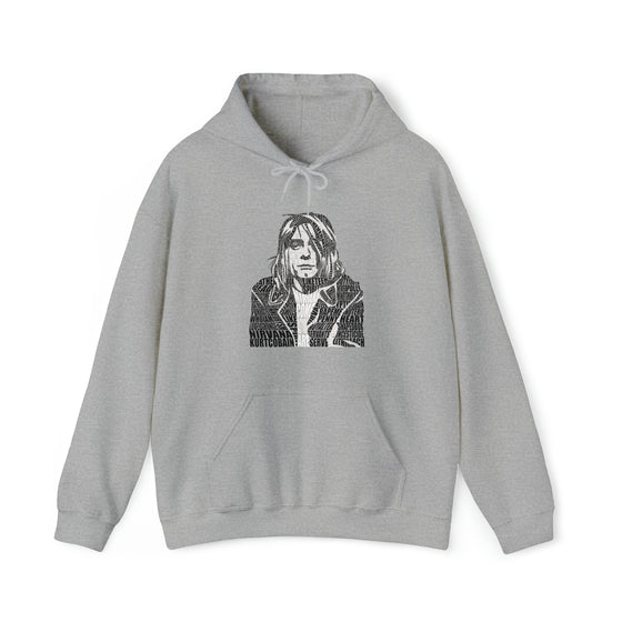 Kurt Cobain | Unisex Hooded Hoodie Sweatshirt | Embrace Your Vibe | Calligram Word Design