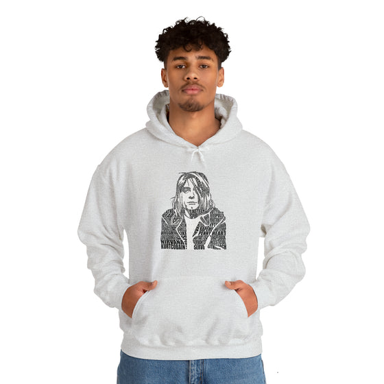 Kurt Cobain | Unisex Hooded Hoodie Sweatshirt | Embrace Your Vibe | Calligram Word Design