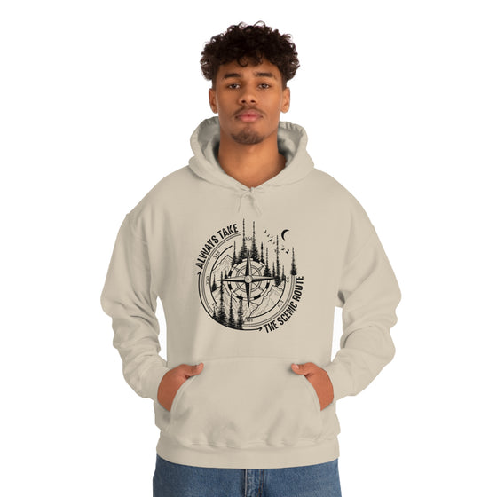 Always Take Scenic Route Compass  Camping Hiking |  Unisex Hooded Hoodie Sweatshirt | Embrace Your Vibe