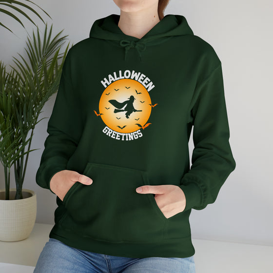 Halloween Sweatshirt |Greetings Witch Broomstick | Unisex Hooded Hoodie Sweatshirt