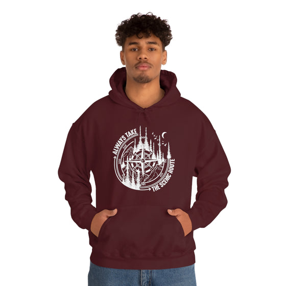 Always Take Scenic Route Compass  Camping Hiking |  Unisex Hooded Hoodie Sweatshirt | Embrace Your Vibe