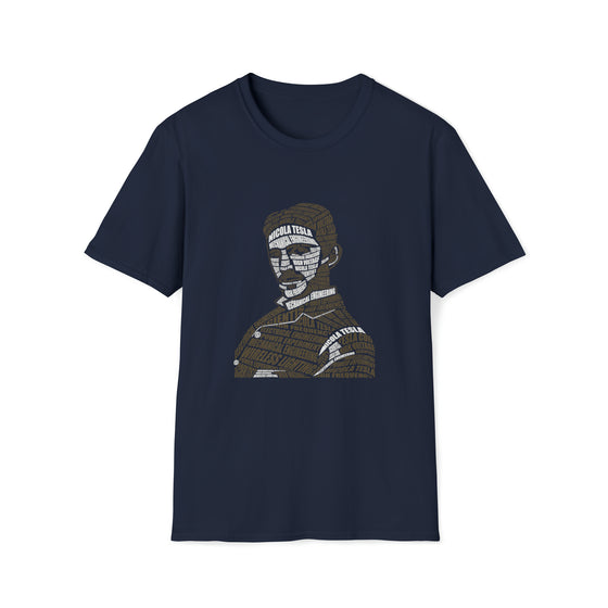 Nikola Tesla Science | Unisex Soft Style Tee T-Shirt  | Calligram Word Design
