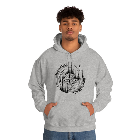 Always Take Scenic Route Compass  Camping Hiking |  Unisex Hooded Hoodie Sweatshirt | Embrace Your Vibe